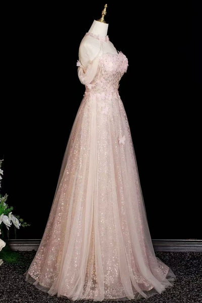 A Line Halter Neck Pink Lace Sequins Long Prom Dresses, Pink Lace Formal Graduation Evening Dresses WT1722