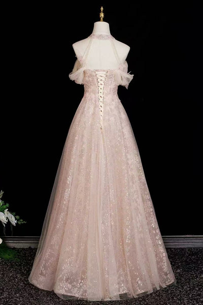 A Line Halter Neck Pink Lace Sequins Long Prom Dresses, Pink Lace Formal Graduation Evening Dresses WT1722