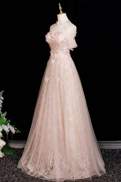 A Line Halter Neck Pink Lace Sequins Long Prom Dresses, Pink Lace Formal Graduation Evening Dresses WT1722