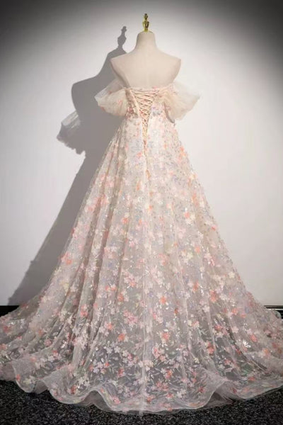 A Line Off the Shoulder Pink Lace Long Prom Dresses, Pink Formal Graduation Evening Dresses with Appliques WT1726