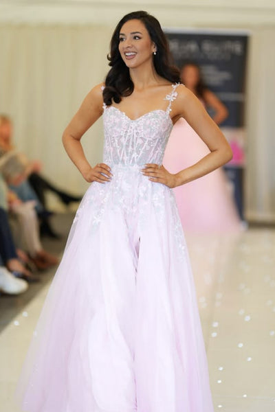 A Line Open Back Pink Lace Long Prom Dresses with Slit, Pink Lace Formal Dresses, Pink Evening Dresses WT1755