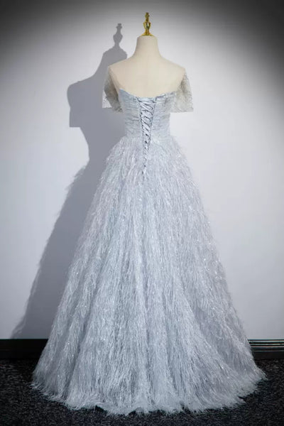 A Line Silver Gray Feather Long Prom Dresses, Open Back Silver Gray Formal Graduation Evening Dresses WT1412