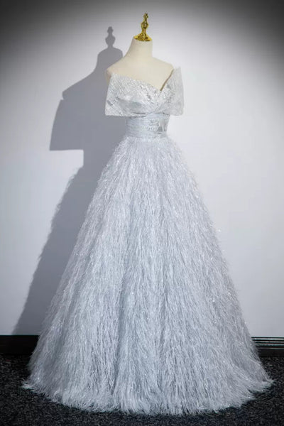 A Line Silver Gray Feather Long Prom Dresses, Open Back Silver Gray Formal Graduation Evening Dresses WT1412