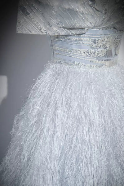A Line Silver Gray Feather Long Prom Dresses, Open Back Silver Gray Formal Graduation Evening Dresses WT1412