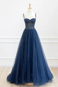 A Line Spaghetti Straps Sweetheart Neck Blue Sequins Long Prom Dresses, Long Blue Formal Graduation Evening Dresses WT1431