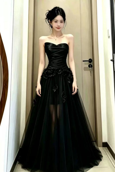 A Line Strapless Black Long Prom Dresses with 3D Flowers, Black Formal Graduation Evening Dresses WT1843