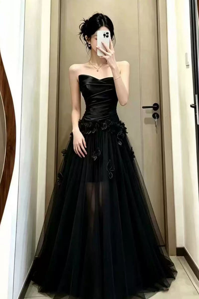 A Line Strapless Black Long Prom Dresses with 3D Flowers, Black Formal Graduation Evening Dresses WT1843