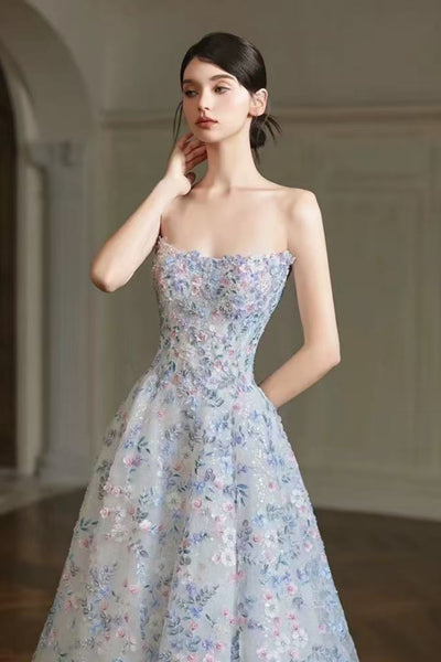 A Line Strapless Blue Lace Floral Long Prom Dresses, Blue Lace Formal Dresses, Blue Evening Dresses with Appliques WT1851