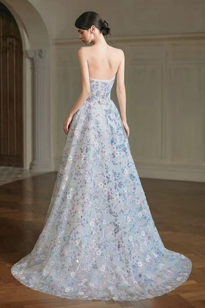 A Line Strapless Blue Lace Floral Long Prom Dresses, Blue Lace Formal Dresses, Blue Evening Dresses with Appliques WT1851