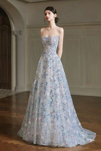 A Line Strapless Blue Lace Floral Long Prom Dresses, Blue Lace Formal Dresses, Blue Evening Dresses with Appliques WT1851