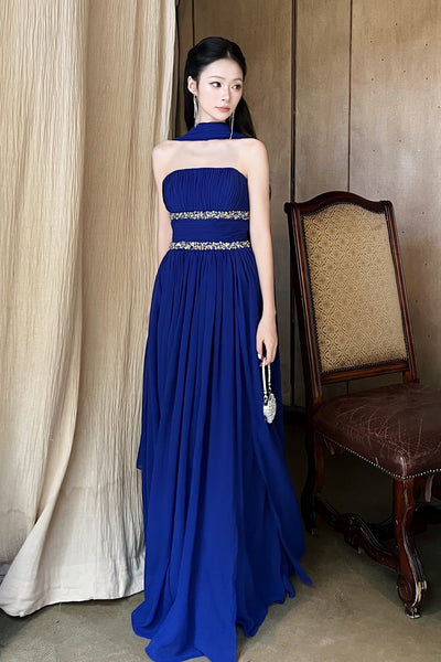A Line Strapless Royal Blue Long Prom Dresses with Belt, Royal Blue Formal Graduation Evening Dresses WT1845