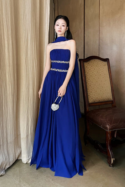 A Line Strapless Royal Blue Long Prom Dresses with Belt, Royal Blue Formal Graduation Evening Dresses WT1845