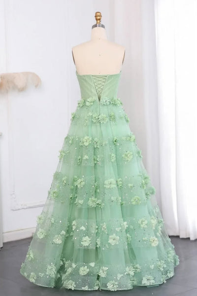 A Line Strapless Sage Green Floral Long Prom Dresses, Sage Formal Graduation Evening Dresses with 3D Flowers WT1735