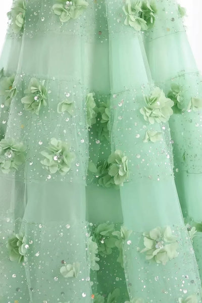A Line Strapless Sage Green Floral Long Prom Dresses, Sage Formal Graduation Evening Dresses with 3D Flowers WT1735