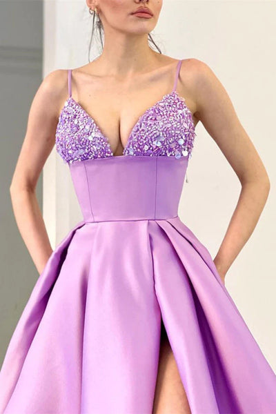 A Line V Neck Beaded Lilac Long Prom Dresses with High Slit, Long Lilac Formal Graduation Evening Dresses WT1444