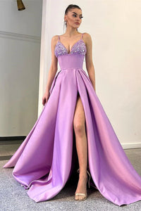 A Line V Neck Beaded Lilac Long Prom Dresses with High Slit, Long Lilac Formal Graduation Evening Dresses WT1444