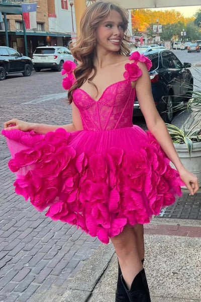 A Line V Neck Fuchsia Floral Short Prom Dresses, Fuchsia Homecoming Dresses with 3D Flowers WT1516