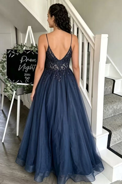 A Line V Neck Navy Blue Lace Long Prom Dresses, Navy Blue Lace Formal Dresses, Navy Blue Evening Dresses WT1833