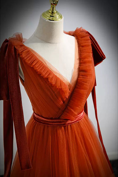 A Line V Neck Tulle Long Prom Dresses, V Neck Formal Evening Dresses WT1236