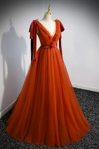 A Line V Neck Tulle Long Prom Dresses, V Neck Formal Evening Dresses WT1236
