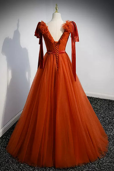 A Line V Neck Tulle Long Prom Dresses, V Neck Formal Evening Dresses WT1236