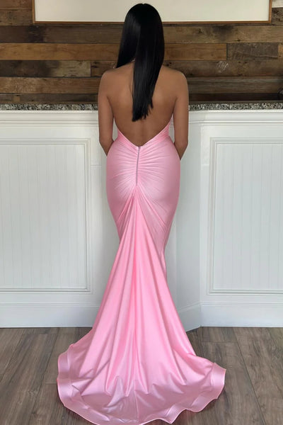 Backless Halter Neck Mermaid Pink Long Prom Dresses, Mermaid Pink Formal Dresses, Pink Evening Dresses WT1458