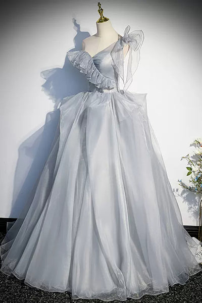 Beauty One Shoulder Gray Tulle Long Prom Dresses, Grey Formal Evening Dresses, Ball Gown WT1235