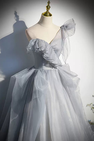 Beauty One Shoulder Gray Tulle Long Prom Dresses, Grey Formal Evening Dresses, Ball Gown WT1235