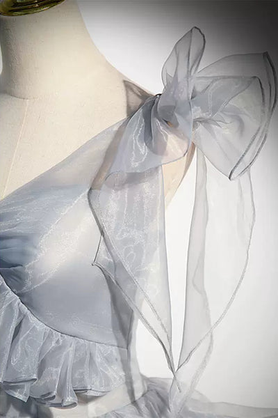 Beauty One Shoulder Gray Tulle Long Prom Dresses, Grey Formal Evening Dresses, Ball Gown WT1235