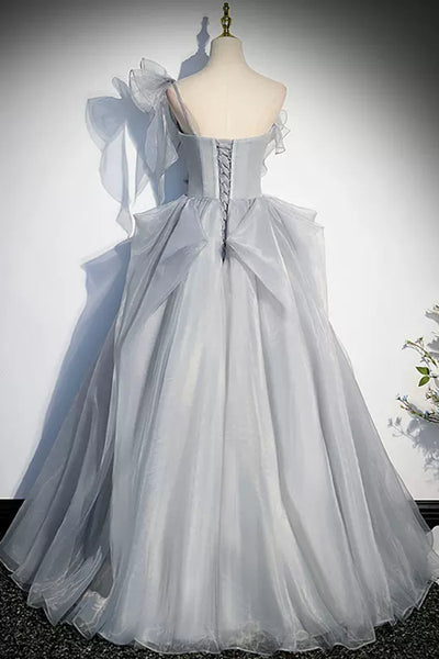 Beauty One Shoulder Gray Tulle Long Prom Dresses, Grey Formal Evening Dresses, Ball Gown WT1235