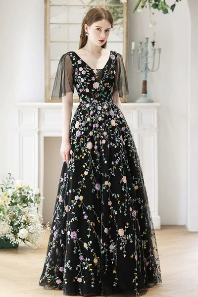 Black A Line V Neck Cap Sleeves Long Prom Dresses with Appliques, Black Lace Floral Formal Graduation Evening Dresses WT1438