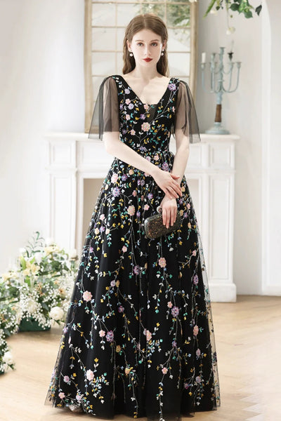 Black A Line V Neck Cap Sleeves Long Prom Dresses with Appliques, Black Lace Floral Formal Graduation Evening Dresses WT1438