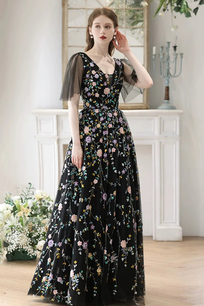 Black A Line V Neck Cap Sleeves Long Prom Dresses with Appliques, Black Lace Floral Formal Graduation Evening Dresses WT1438