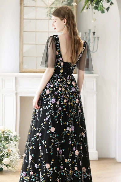 Black A Line V Neck Cap Sleeves Long Prom Dresses with Appliques, Black Lace Floral Formal Graduation Evening Dresses WT1438