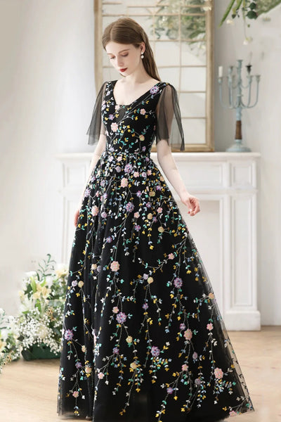 Black A Line V Neck Cap Sleeves Long Prom Dresses with Appliques, Black Lace Floral Formal Graduation Evening Dresses WT1438