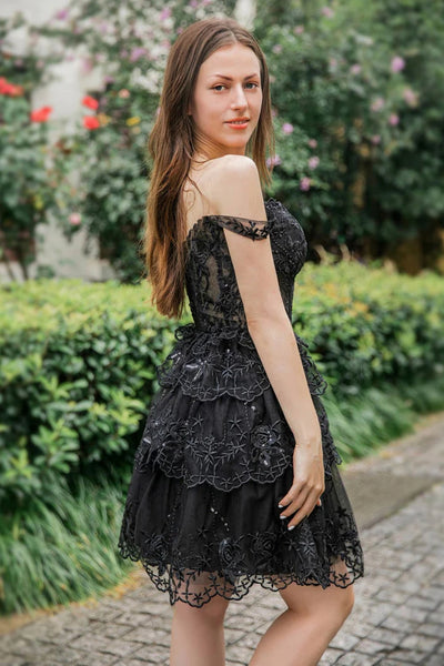 Black Lace Off Shoulder Layered Short Prom Dresses, Black Lace Homecoming Dresses, Black Formal Graduation Evening Dresses WT1473