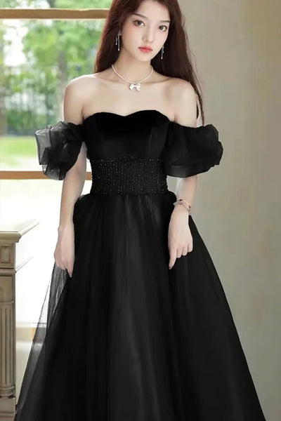 Black Off the Shoulder Beaded Long Prom Dresses, Black Formal Graduation Evening Dresses WT1356