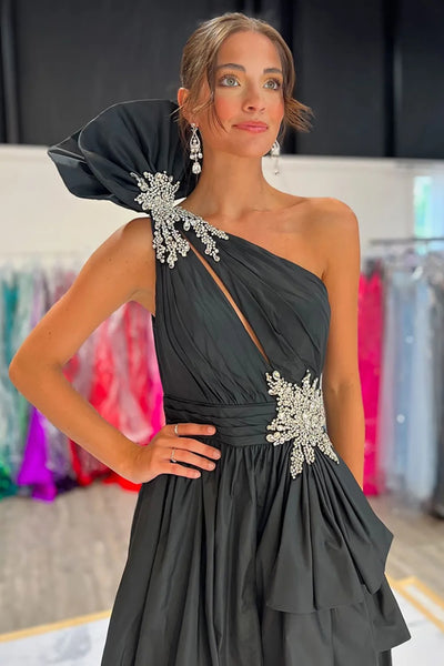 Black/Orange A Line One Shoulder High Slit Long Prom Dresses, Long Black/Orange Formal Graduation Evening Dresses WT1581