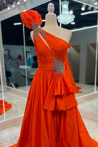 Black/Orange A Line One Shoulder High Slit Long Prom Dresses, Long Black/Orange Formal Graduation Evening Dresses WT1581