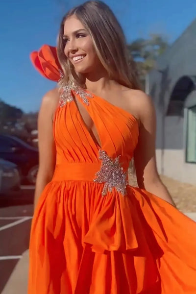 Black/Orange A Line One Shoulder High Slit Long Prom Dresses, Long Black/Orange Formal Graduation Evening Dresses WT1581