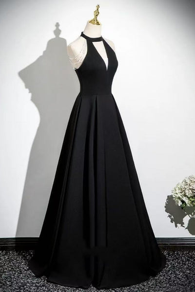 Black Satin A Line Halter Neck Open Back Long Prom Dresses, Long Black Formal Graduation Evening Dresses WT1718