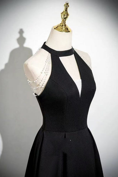 Black Satin A Line Halter Neck Open Back Long Prom Dresses, Long Black Formal Graduation Evening Dresses WT1718