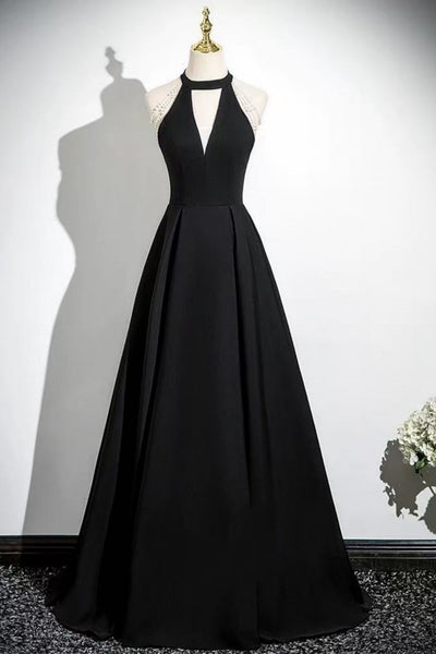 Black Satin A Line Halter Neck Open Back Long Prom Dresses, Long Black Formal Graduation Evening Dresses WT1718