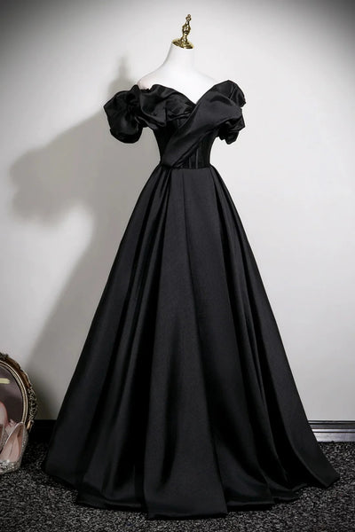 Black Satin Off the Shoulder Long Prom Dresses, Off Shoulder Black Formal Graduation Evening Dresses WT1684