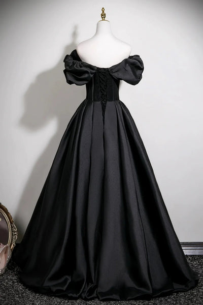 Black Satin Off the Shoulder Long Prom Dresses, Off Shoulder Black Formal Graduation Evening Dresses WT1684