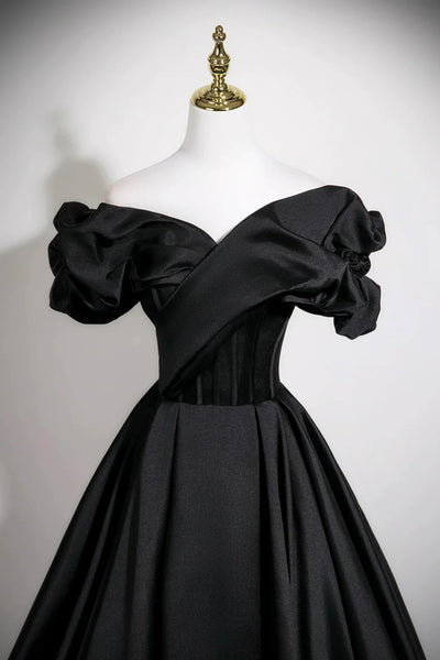 Black Satin Off the Shoulder Long Prom Dresses, Off Shoulder Black Formal Graduation Evening Dresses WT1684