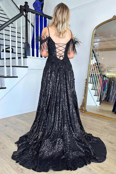 Black Sequins Shiny V Neck Off the Shoulder Long Prom Dresses with High Slit, Off Shoulder Black Formal Evening Dresses WT1372