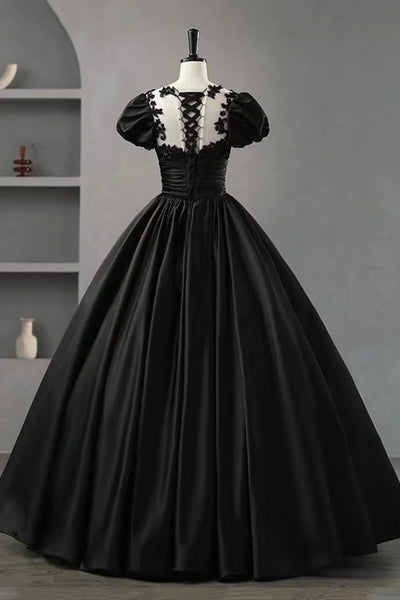 Black Short Sleeves Round Neck Lace Top Long Prom Dresses, Black Lace Formal Evening Dresses WT1362