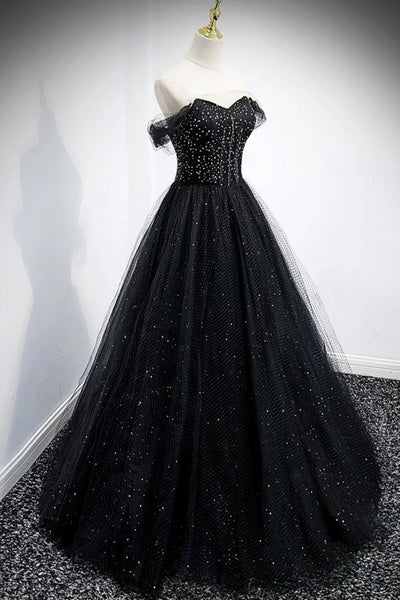 Black Tulle Off Shoulder Beaded Long Prom Dresses, Off the Shoulder Black Formal Dresses, Black Evening Dresses WT1391