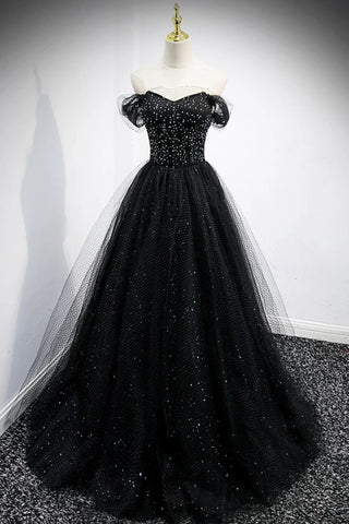 Black Tulle Off Shoulder Beaded Long Prom Dresses, Off the Shoulder Black Formal Dresses, Black Evening Dresses WT1391